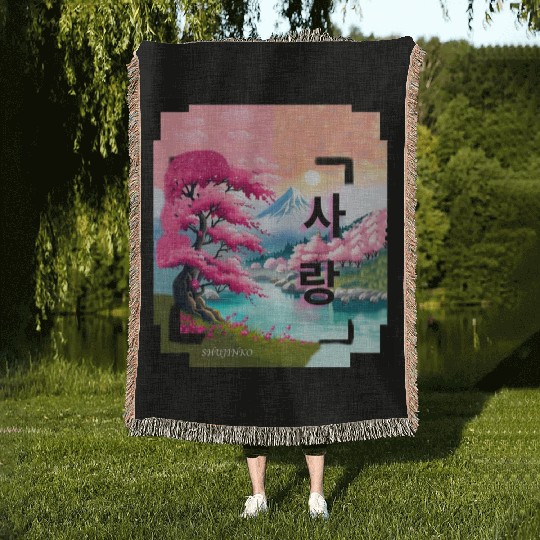 Japan Landscape With Cherry BlossomTree (Vintage) Woven Blankets
