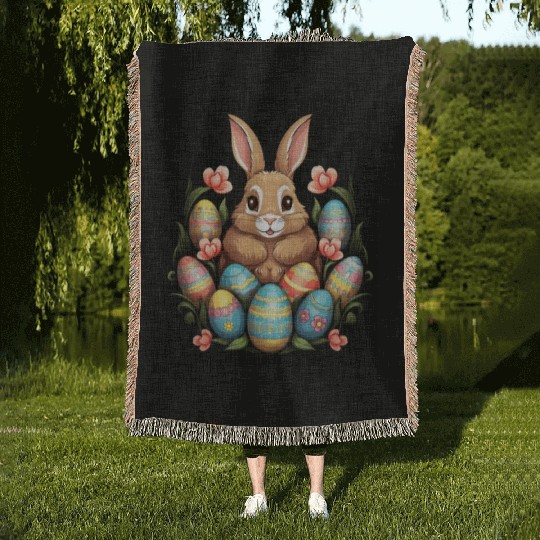 Easter Bunny Rabbit Colorful Eggs Easter Egg Hunt Woven Blankets