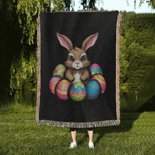 Easter Bunny Rabbit Colorful Eggs Easter Egg Hunt Woven Blankets