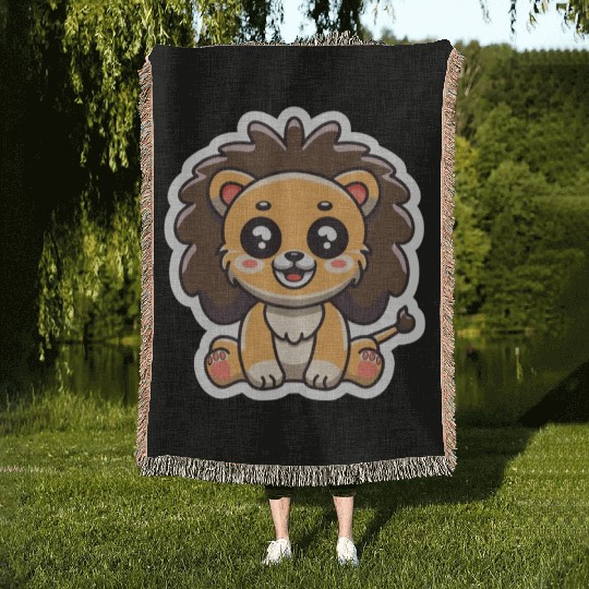 cute cartoon lion Woven Blankets