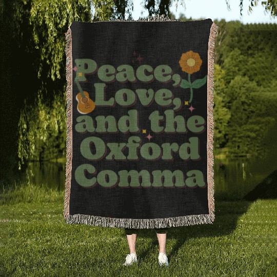 Funny Oxford Comma Peace Love and the Oxford Comma Woven Blankets