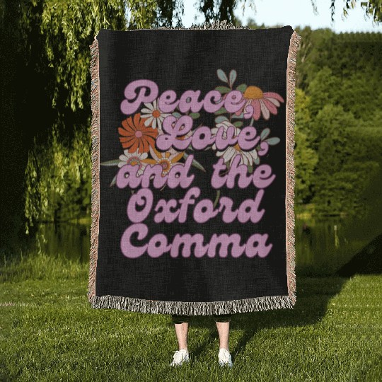Funny Oxford Comma Peace Love and the Oxford Comma Woven Blankets