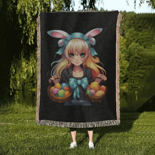 Easter Day Anime Girl Bunny Ear Easter Egg Hunt Woven Blankets