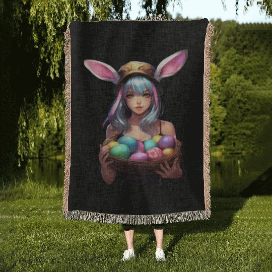 Easter Day Anime Girl Bunny Ear Easter Egg Hunt Woven Blankets