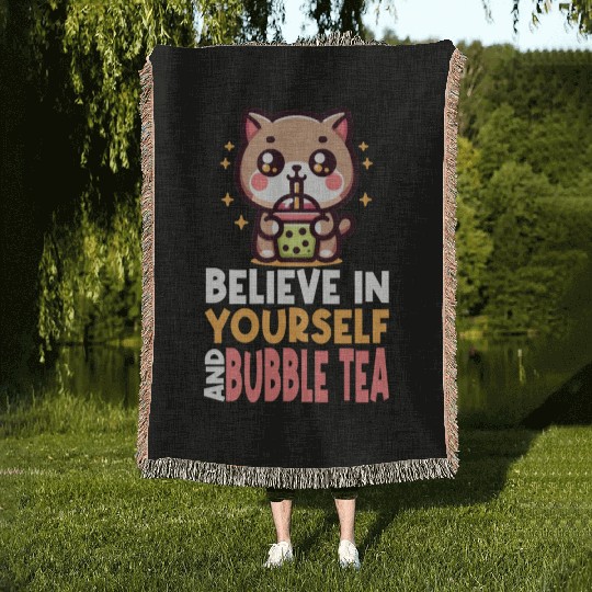 Kawaii Cat Bubble Tea Boba Drink Korean Asian Woven Blankets