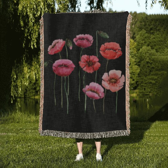 Poppies, spring bloomers, summer, flower, vintage. Woven Blankets
