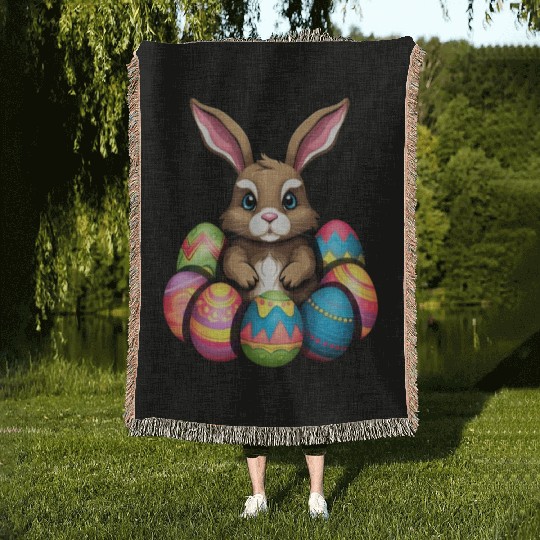 Easter Bunny Rabbit Colorful Eggs Easter Egg Hunt Woven Blankets