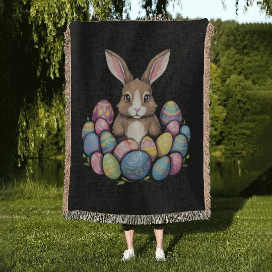 Easter Bunny Rabbit Colorful Eggs Easter Egg Hunt Woven Blankets