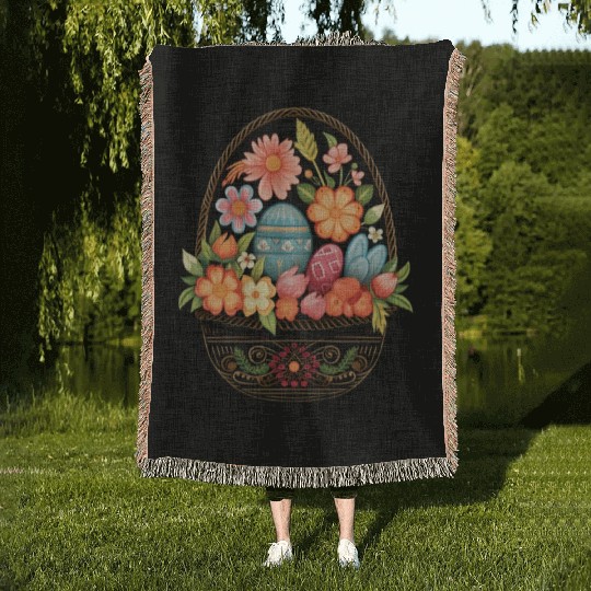 Easter Day Easter Egg Basket Spring Flowers Woven Blankets