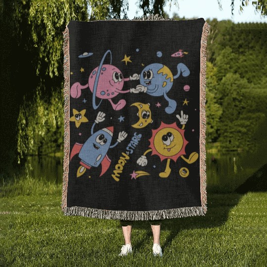 Solar System Planets Moon Sun Saturn Cute Groovy Woven Blankets