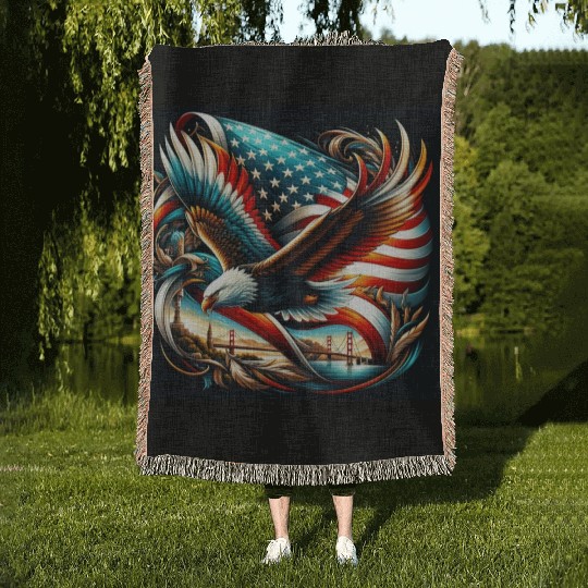 Majestic Eagle & American Flag Woven Blankets Embrace
