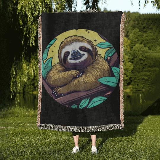 Sleeping Sloth Illustration Woven Blankets