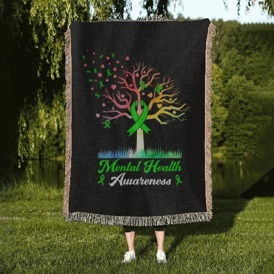 Tree Green Ribbon Support - Mental Health Woven Blankets
