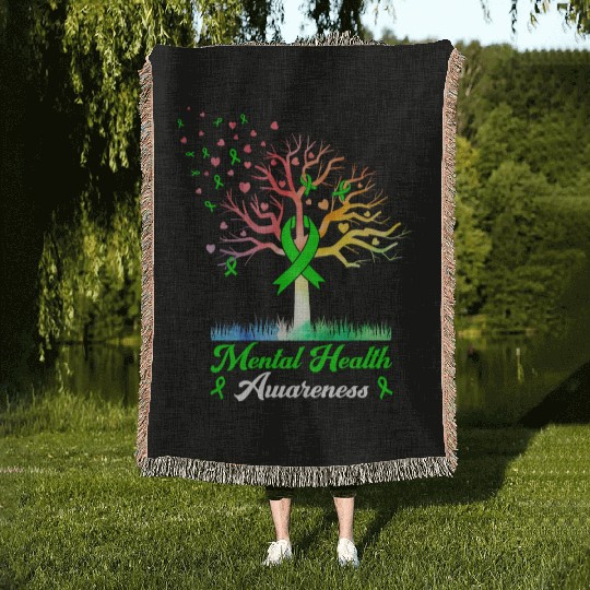 Tree Green Ribbon Support - Mental Health Woven Blankets