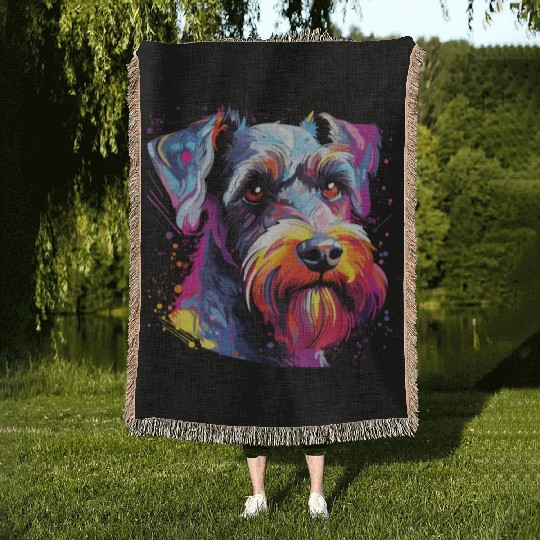 Watercolor Colorful Miniature Schnauzer Woven Blankets