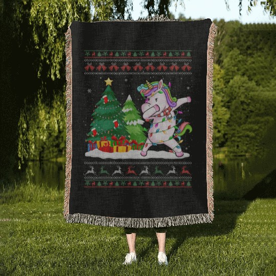Funny Dabbing Unicorn Lover Santa Hat Ugly Woven Blankets