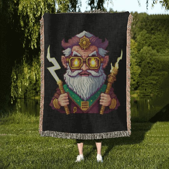 Angry Zeus Pixel Art, Wearing Steampunk Glasses Woven Blankets