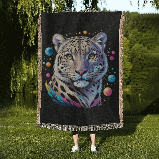 Cosmic Leopard Portrait in Space Woven Blankets