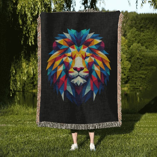 Geometric Lion King - Colorful Wildlife Abstract Woven Blankets