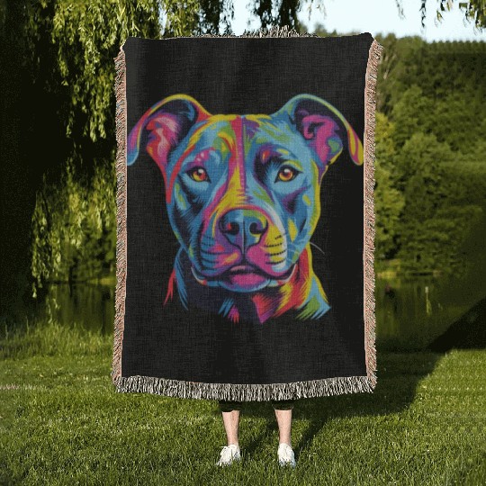 Watercolor Colorful American Pit Bull Terrier Woven Blankets