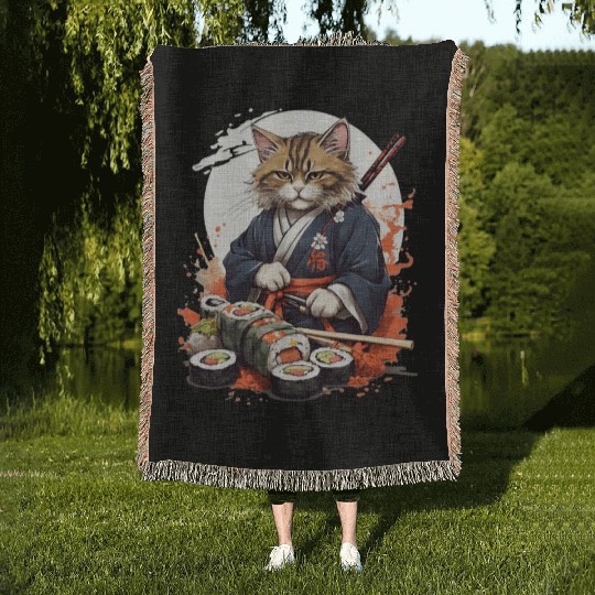 Cat Samurai Sushi Woven Blankets