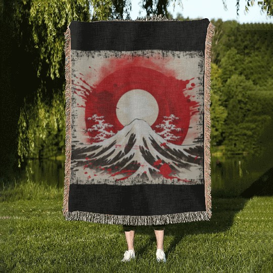 Kyoto Mountains: Flag, Volcano, and Blood Moon Woven Blankets