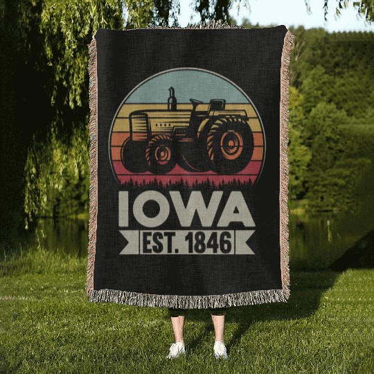 Iowa Vintage Tractor Farmer Gifts Woven Blankets