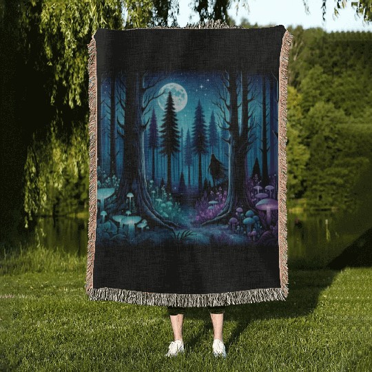 Mystic Moonlit Enchanted Forest Woven Blankets