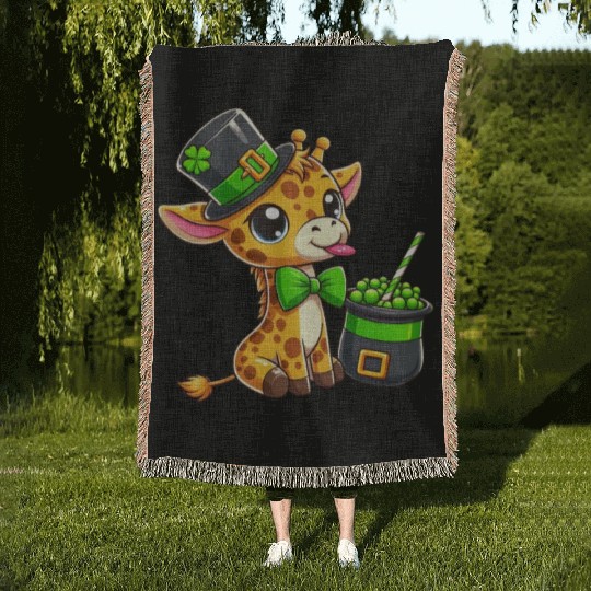 St. Patrick's Day Giraffe with Bubble Tea Woven Blankets