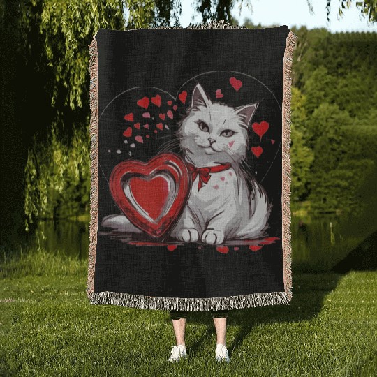 Valentines Day White Cat With Red Heart Box Woven Blankets