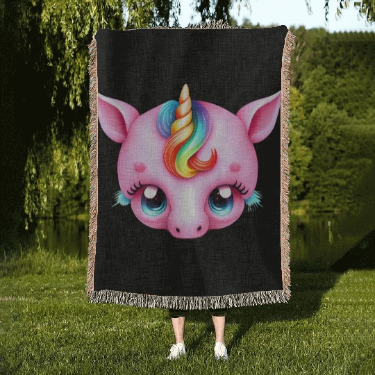 Pink Baby Rainbow Unicorn Head Woven Blankets