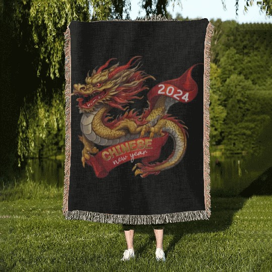 Chinese New Year Dragon: Red Gold Grey White Woven Blankets