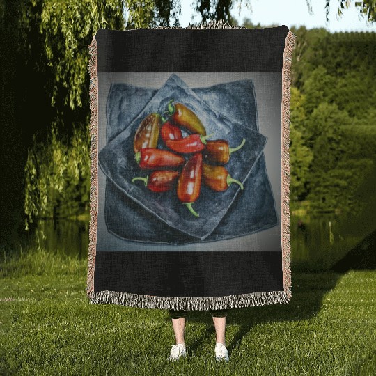 Red Peppers on Square Plates Woven Blankets