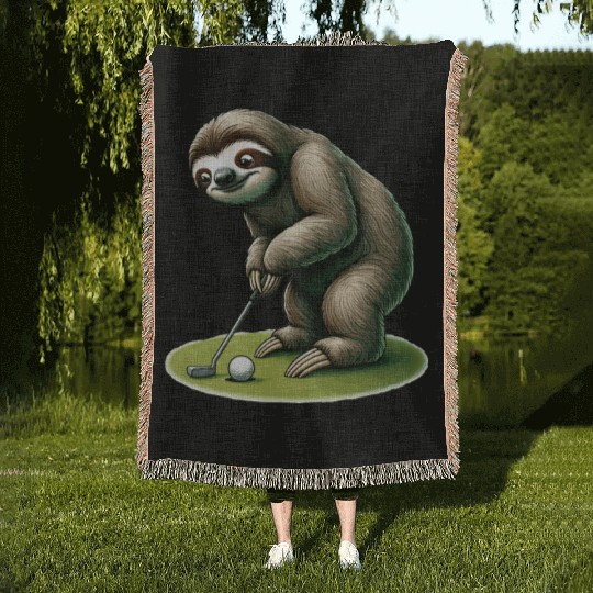 Funny Sloth Golfing Woven Blankets