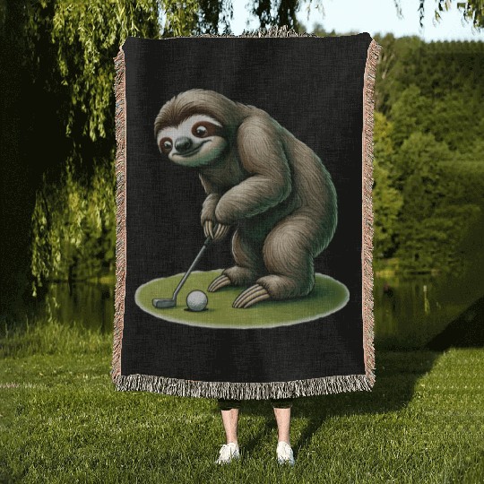 Funny Sloth Golfing Woven Blankets
