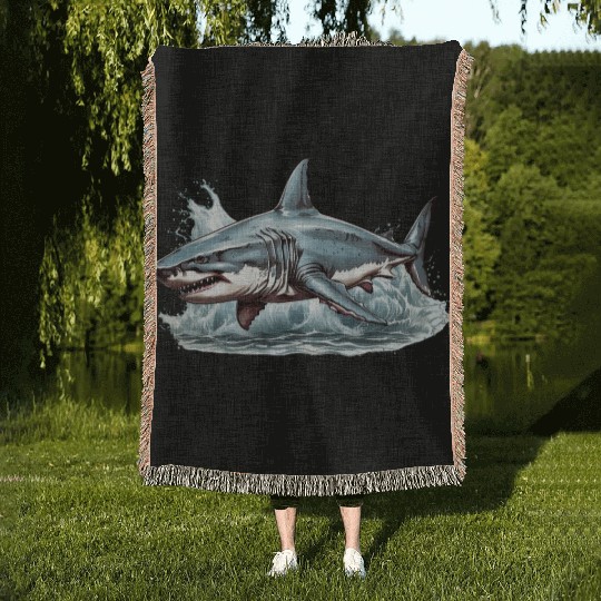 Angry great white shark Woven Blankets