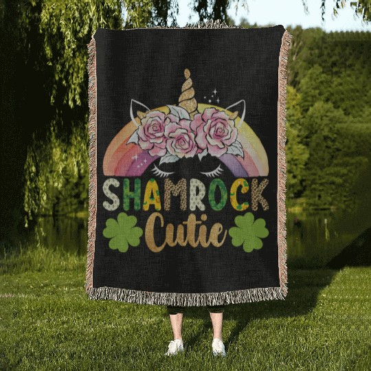 Shamrock Cutie Unicorn Rainbow St Patricks Day Woven Blankets