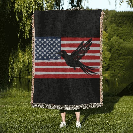 Hummingbird Us Flag Us American Flag Woven Blankets