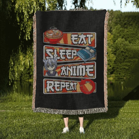 eat sleep anime repeat cute lovers obsessed Woven Blankets