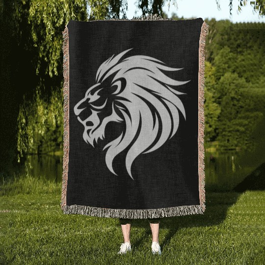 Angry Lion Head Tattoo Style Waving Mane Woven Blankets
