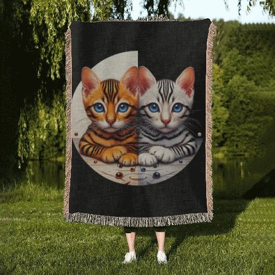 Bengal Kittens Black White Background Woven Blankets