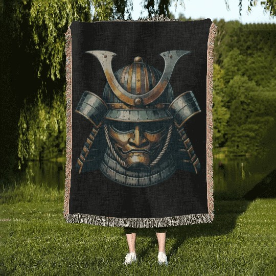 Stylized Samurai Helmet Woven Blankets