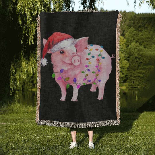 Pig Christmas Light Woven Blankets