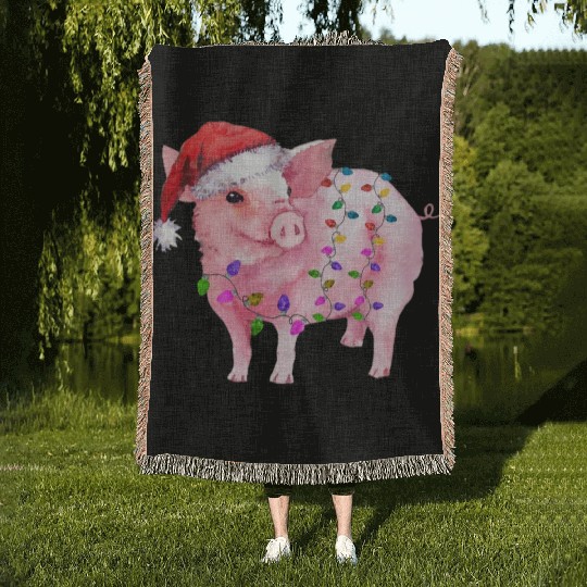 Pig Christmas Light Woven Blankets