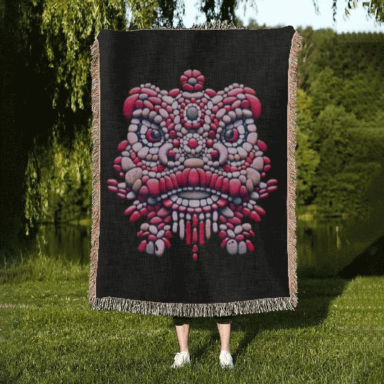 Chinese New Year - Pink Peony Lion Dance Mask Woven Blankets