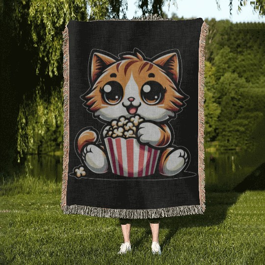 Cinema Cat, Cute Tomcat with Popcorn Woven Blankets