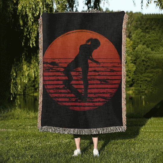 Retro Skater Girl Skateboarder Skateboard Woven Blankets