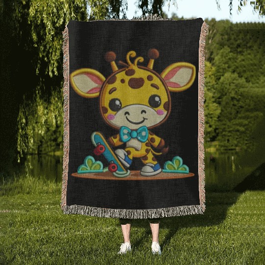 Skateboarding Giraffe Buddy Woven Blankets
