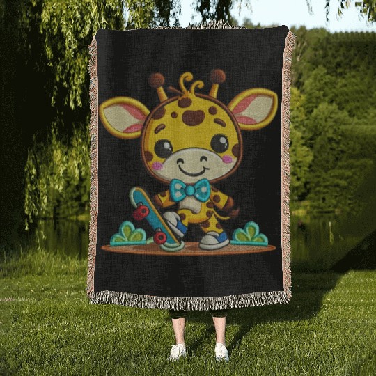 Skateboarding Giraffe Buddy Woven Blankets