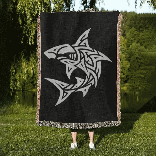 Tribal Hammerhead Shark Style Diver Fan Tattoo Woven Blankets